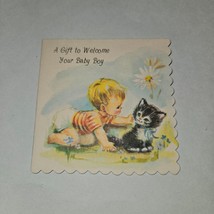 VTG New Baby Boy Greeting Card Welcome Gift Kitten Cat Scalloped 3x3 NEV... - £7.74 GBP