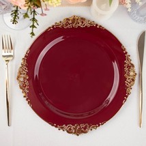 10 Burgundy Gold 10&quot;&quot; Round Plastic Salad Dinner Plates Embossed Baroque Rim - £12.59 GBP
