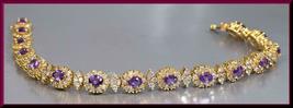 Vintage 14K Yellow Gold Over Oval Amethyst and Diamond Tennis Bracelet 12.25Ct - £146.55 GBP