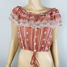 Poof Cute Cinnamon Color Bohemian Embroidered Detail Women&#39;s L Off Shoulder Top - £18.05 GBP