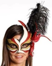 Womens Halloween Eye Face Mask Hard Masquerade Gold White Red Black Feather Bird - £6.32 GBP