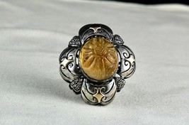 Antique Yellow Citrine Carved Diamond 18k Gold 925 Silver Ladies Victorian Ring - £161.86 GBP
