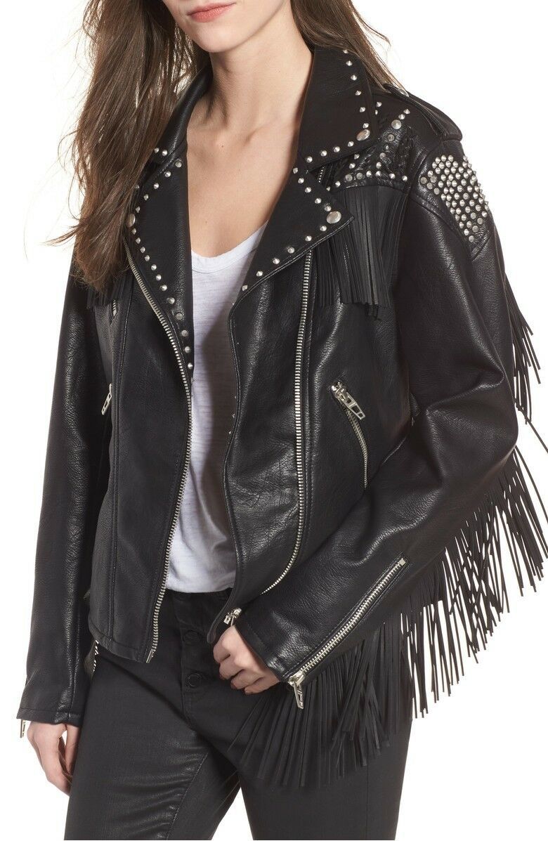 Women's Black Biker Fringed Genuine Leather Silver Spike Studded Slim Fit Jacket