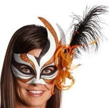 Womens Halloween Eye Face Mask Hard Masquerade Gold White Orange Feather Bird - £6.26 GBP