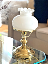 Vintage 3 Way Hurricane Brass White Ruffled Milk Glass Shade Lamp Student Desk - £47.18 GBP