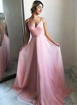 Simple pink chiffon long prom dress,sexy back open formal dresses - £106.20 GBP