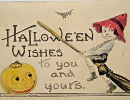 Halloween Postcard Fantasy Wall Hand Tinted Colored Witch Girl JOL Bat Bergman  - £211.11 GBP