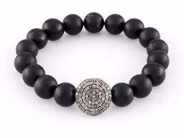 Onyx Beaded Stretch Bracelet w/ Pave Diamond Charm! Nice Gift - $976.87