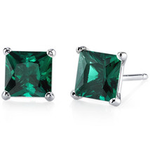 14k White Gold Princess Cut Green Emerald Gemstone Stud Earrings - £104.77 GBP