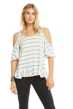 Chaser CW7246 Striped Jersey Ruffle Vent Shoulder Top White/Blue ( M ) - £94.92 GBP