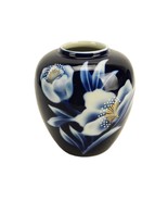 Cobalt Blue Glass Shoulder Vase, Hand Painted White Flowers, Short Neck - $33.44 CAD