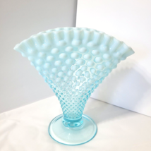 Vintage Fenton Blue Opalescent Hobnail Fan Vase Glass Ruffled Crimp Edge 8&quot; x 8&quot; - £37.61 GBP