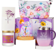 LED Rose Flower Gift Set w Tumbler, Lavender Scented Candle, &amp; Cosmetic Bag NEW - £41.08 GBP