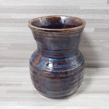 Hand-Thrown Art Pottery 5.25&quot; Brown &amp; Blue Glazed Ribbed Stoneware Vase - £25.15 GBP