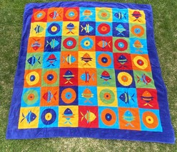 Vintage Terrisol Beach Towel Blanket Ocean Fish Color Block 66&quot;x 66” Square - £48.86 GBP