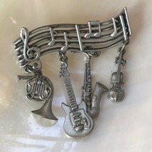 Vintage JJ Signed Pewter Music with French Horn Guitar Sax &amp; Violin Charms Pin  - £11.18 GBP