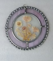 Silver Framed Round Dried Flowers Stained Glass Hanging Window/Wall Decor - $18.32