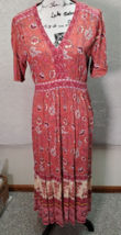 Knox Rose Long Maxi Dress Women&#39;s M Pink Multi Boho Floral Rayon Ruched V Neck - £18.31 GBP