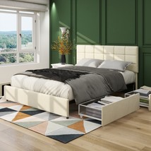 Queen Size Ivory Velvet Upholstered Platform Bed with Patented 4 Drawers Storage - £311.16 GBP