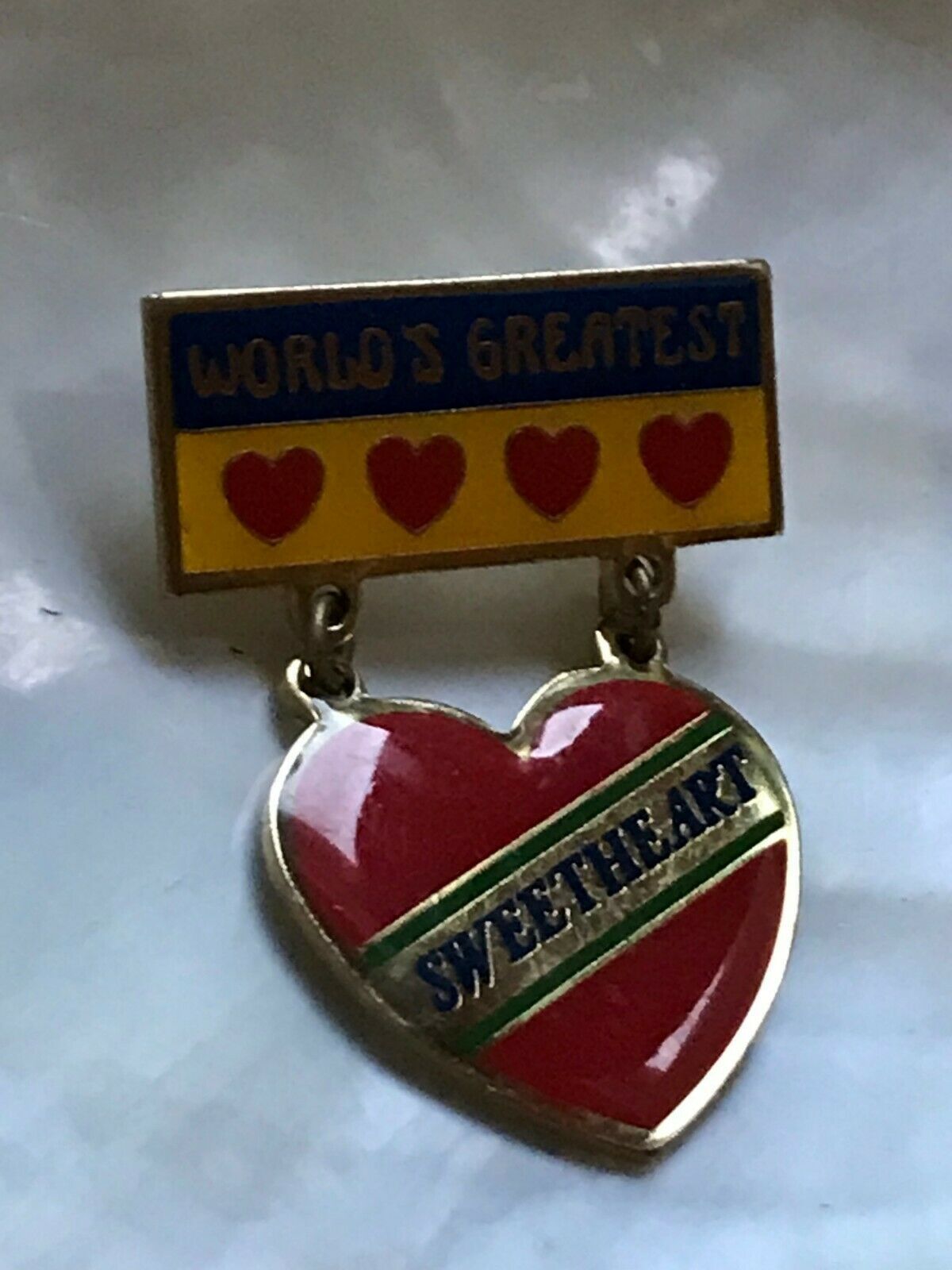 Primary image for Estate Small Blue Yellow & Red Enamel Goldtone WORLD’S GREATEST Bar w SWEETHEART