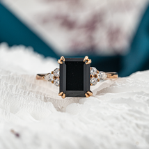 Classic Square Black Onyx Gold Engagement Ring With Moissanite - $850.00+