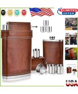 Elegant Brown Leather 8oz Flask Set: Stainless Steel, Funnel &amp; Cups Incl... - $526.10 MXN