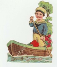 Vintage Valentine Card Boy in Boat Unused 1920&#39;s Die-Cut for Child - £7.78 GBP