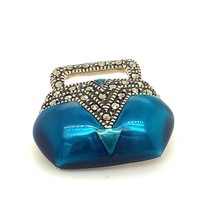 Vintage Signed Sterling Judith Jack Blue Enamel Marcasite Stone Purse Bag Brooch - £35.61 GBP