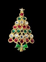 Vintage Christmas Tree Multicolor Red Green Crystal Holiday Brooch Pin - £17.34 GBP