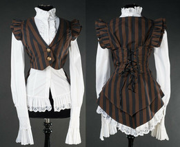 Brown Black Striped Steampunk Victorian Gothic Corset Back Vest Frilly W... - $66.65