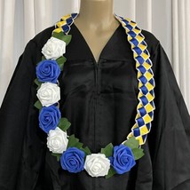 Graduation Lei Flower Blue White Yellow Roses Four Braided Ribbons - $917.78 MXN