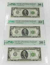 Lot of 3 1928A $100 Federal Reserve Notes Consecutive PMG 50, 53, 50 EPQ - $1,979.99