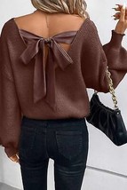 Coffee Lantern Sleeve V Neck Knot Back Sweater - $48.99