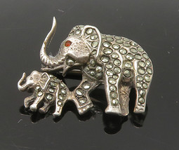 925 Sterling Silver - Vintage Marcasite Elephant Mom &amp; Baby Brooch Pin - BP8682 - £28.16 GBP