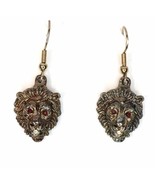 Brutalist Style Lion Head Earrings Red Rhinestone Eyes Pierced Dangle Drop - $14.00