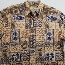 Island Shores Shirt Mens Medium Hawaiian Brown Blue Fish Pineapple Short... - £16.07 GBP