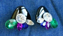 Fabulous Black Glass &amp; Acrylic Rhinestone Clip Earrings 1980s vintage 1 ... - $12.30