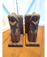 Vintage Hand Carved Wood Monk Priest Reading Book Bookends  - $14.84