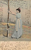 Beautiful Young WOMAN-LONG Blue DRESS-WHITE Waist SASH~1903 Swiss Postcard - £3.07 GBP