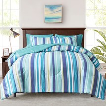 Boho Striped Bed In A Bag 6 Pieces Twin Size, Navy Blue And White Stripes Printe - £57.06 GBP