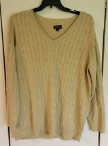 Womens Plus 22/24 Avenue Tan/Metallic Gold Thread V-Neck Knit Sweater - £14.74 GBP