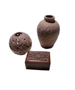 Primitive Mixed Lot Vase Carved Stone Candle Holder &amp; Small Carved Woode... - $13.09