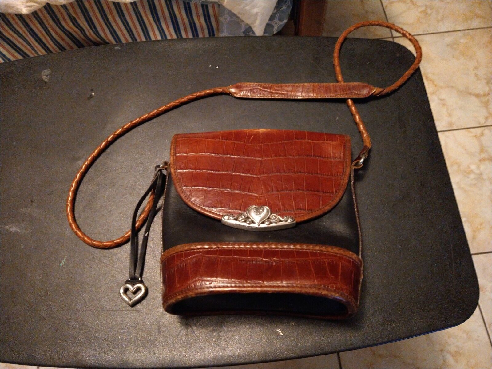 Brighton Authentic Carry Purse Handbag Shoulder bag Black Brown Crock Le... - $28.70