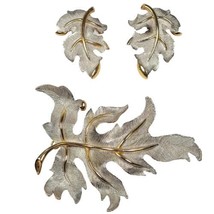 Judy Lee Silver tone and Gold tone Leaf Brooch &amp; Clip On Earrings Set Large Vtg - £18.58 GBP