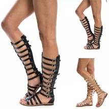 Women&#39;s Roman Knee High Cut Out Flat Open Toe Gladiator Summer Sandals S... - £38.29 GBP