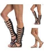Women&#39;s Roman Knee High Cut Out Flat Open Toe Gladiator Summer Sandals S... - £38.49 GBP