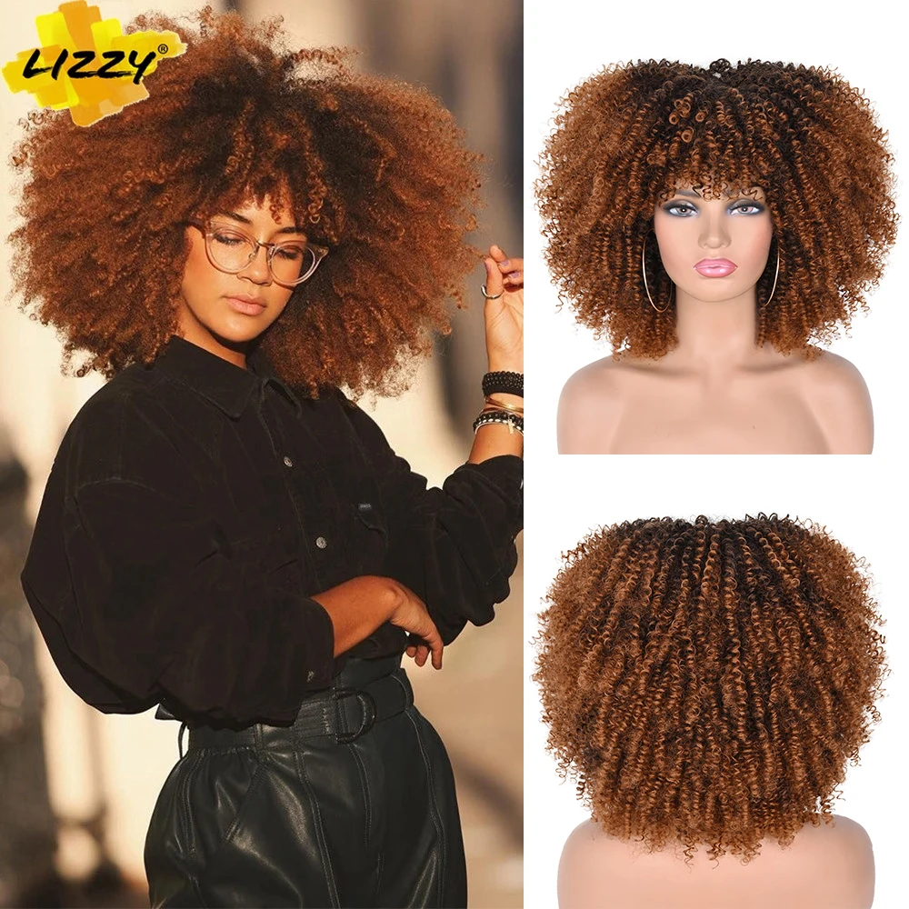 LIZZY Short Afro Kinky Curly Wigs With Bangs For Black Women African Synthetic - £27.86 GBP+