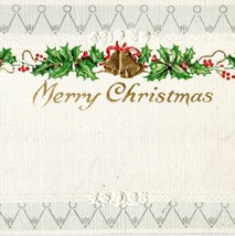 Merry Christmas Gift Tag Card 1910s Holly Gold Bells Original String PCBG6B - £7.85 GBP