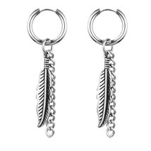 Stainless Steel Feather Tassel Tiny Circle Huggies Earrings Retro Silver Color T - £8.55 GBP