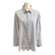 H&amp;M Top Womens 14 Blue Striped Eyelet Trim Button Down Shirt Cottagecore... - $25.37